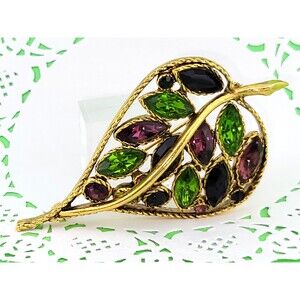 Vintage Purple Green Black Rhinestone Leaf Brooch Pin 3.75" Gold Plated Frame